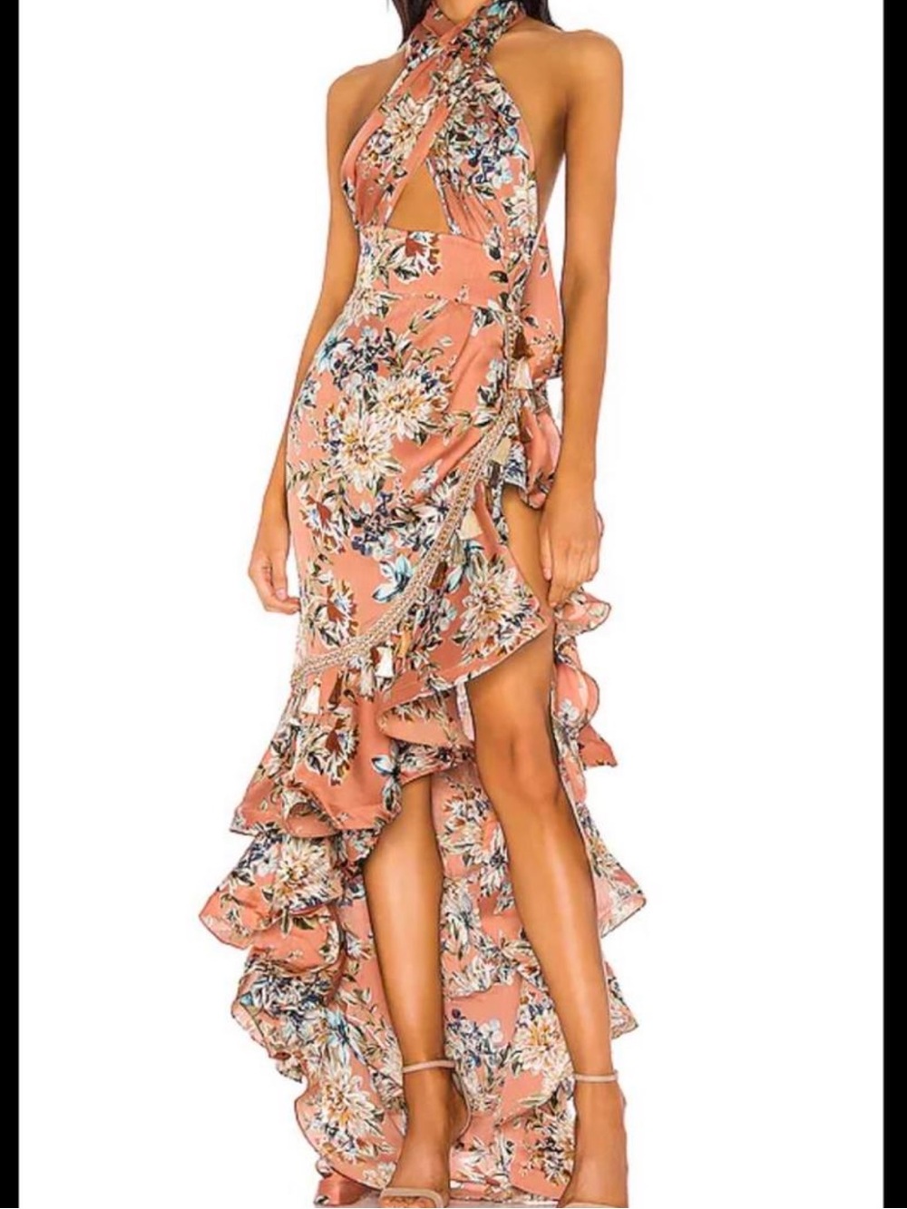 Bronx and Banco Peach Floral Halter High-Low Ruffle Dress